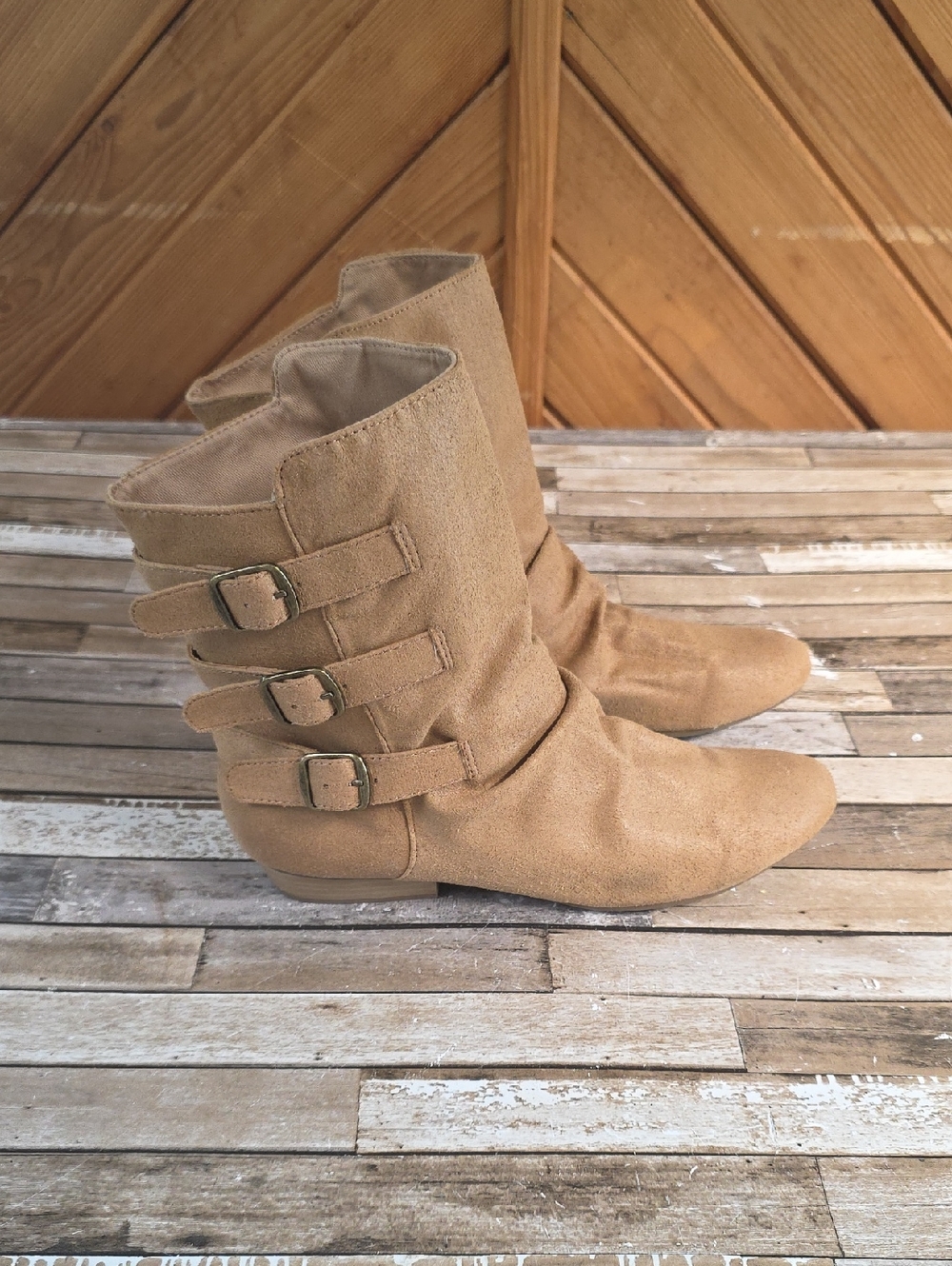 Women's Tan Faux Suede Mid-Calf Buckle Boots